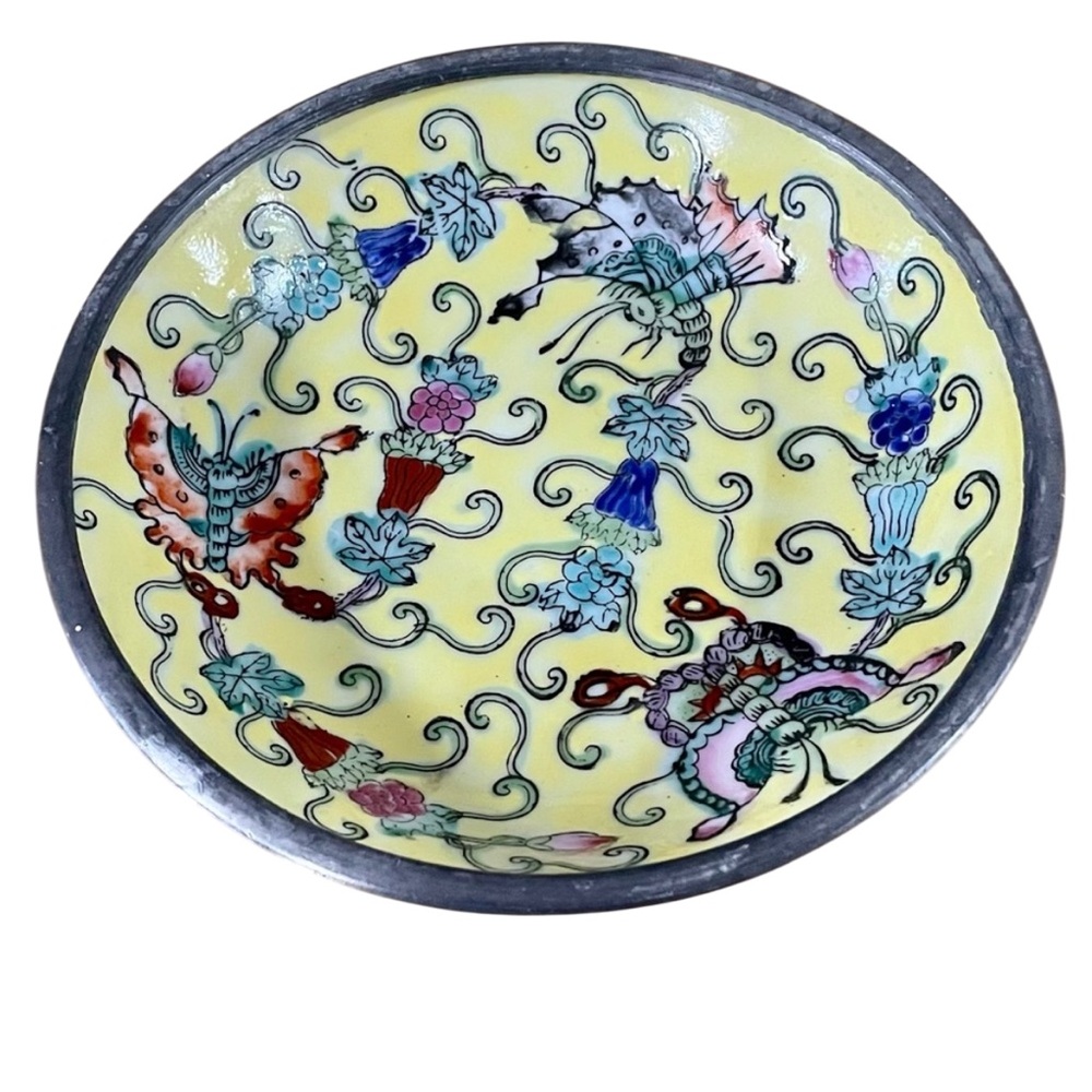 Neiman Marcus Japanese Porcelain Ware HandPainted Yellow Dish Encased in Pewter